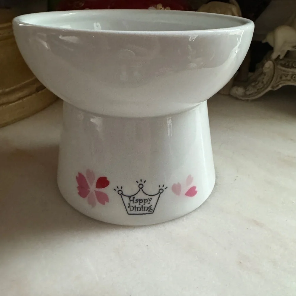 Ceramic Elevated Cat Bowl - White with Pink Paw & Flower Design